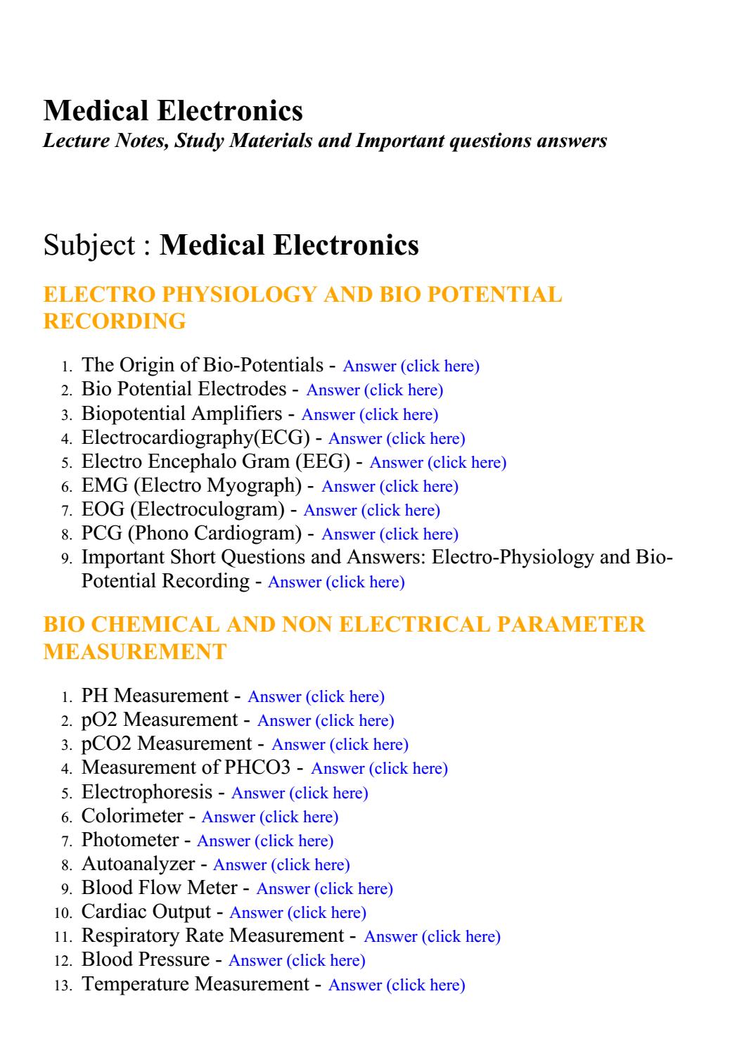 Medical electronics Lecture Notes, Study Materials and Important