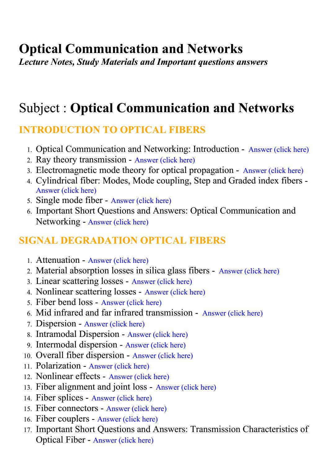 Optical communication and networks Lecture Notes, Study Materials and