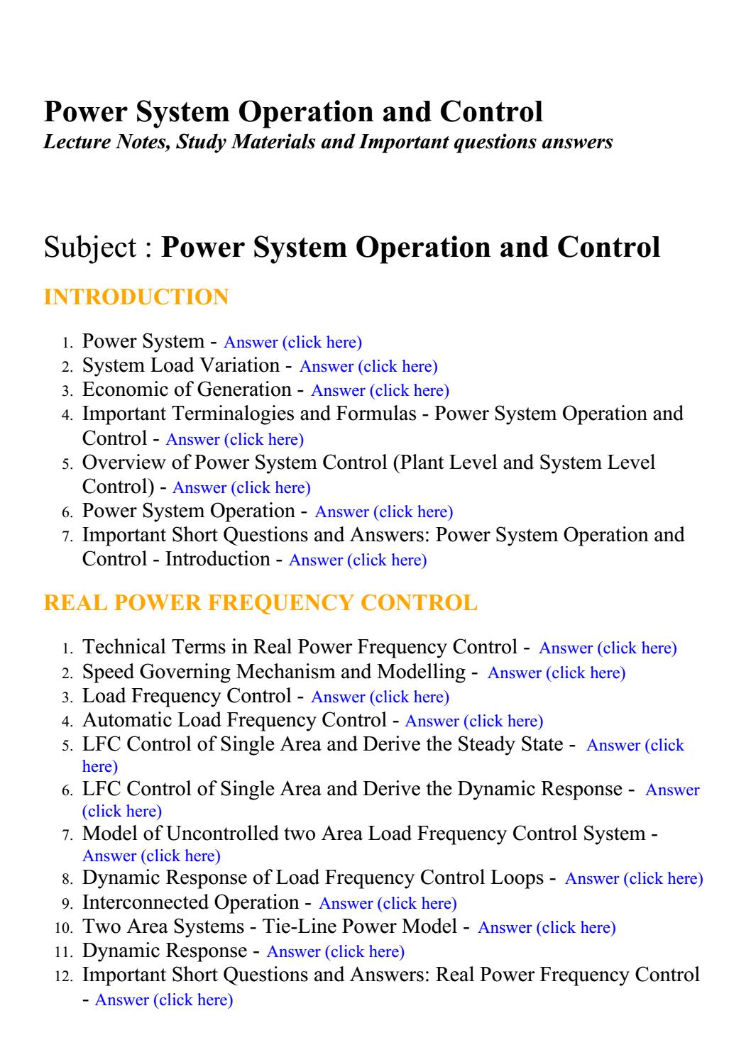 Power system operation and control Lecture Notes, Study Materials and