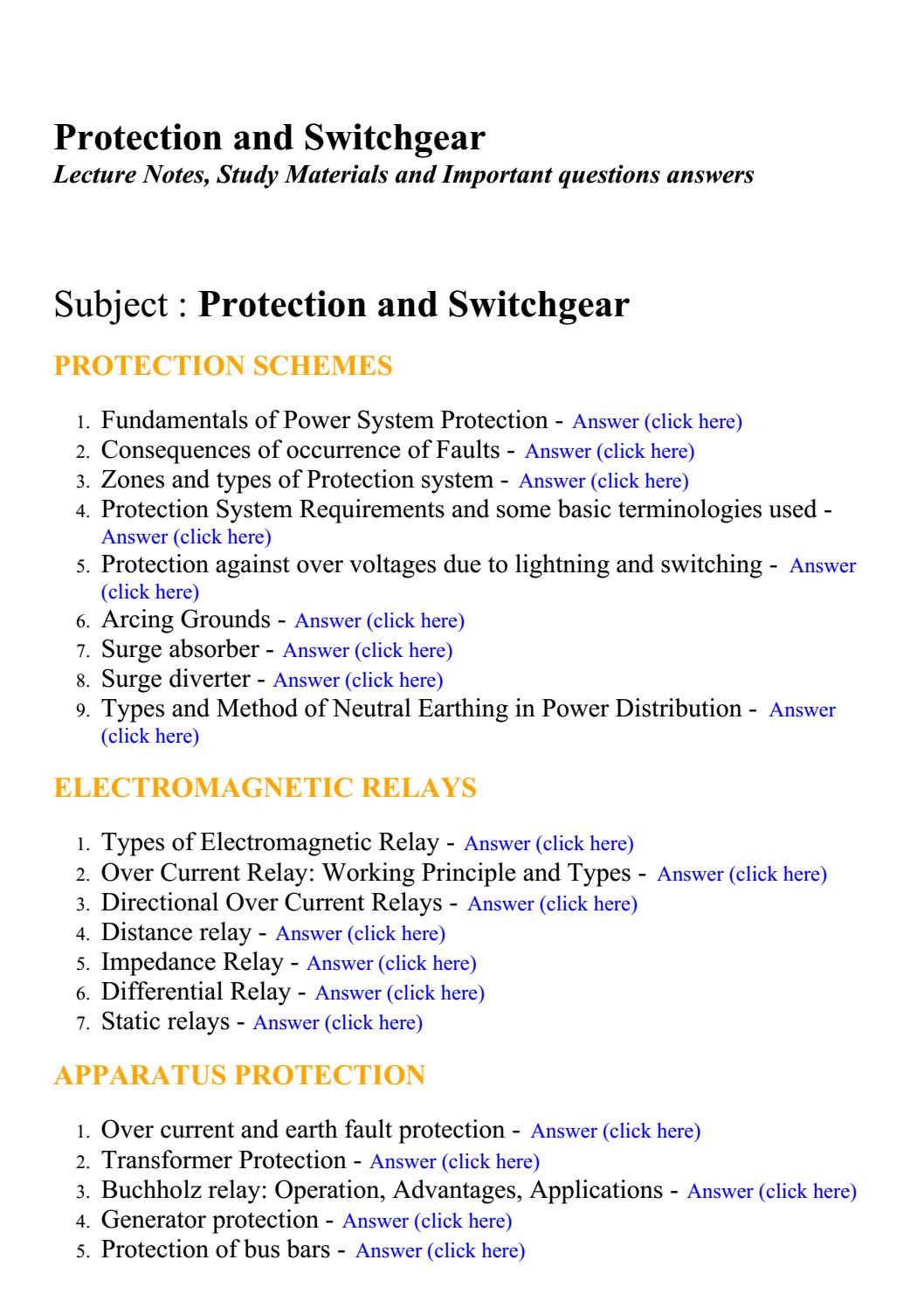 Protection and switchgear Lecture Notes, Study Materials and