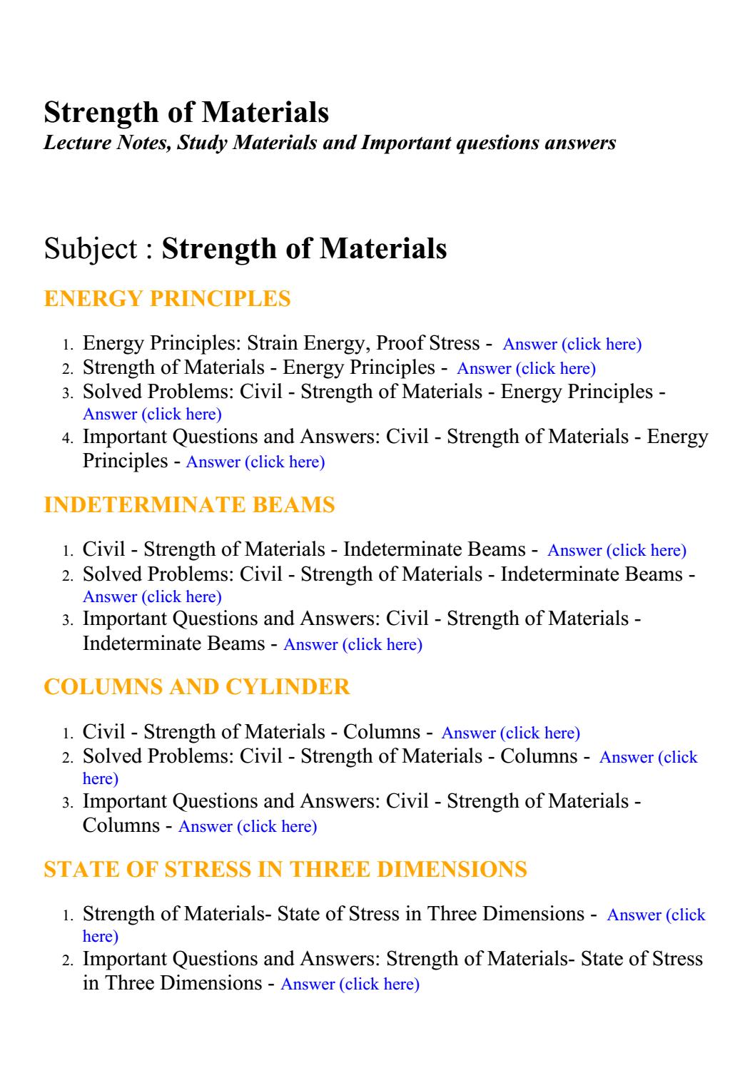 Strength of materials Lecture Notes, Study Materials and Important