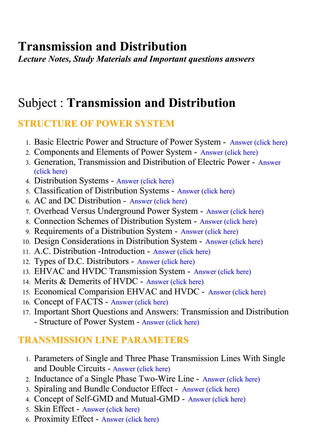 Transmission and distribution Lecture Notes, Study Materials and