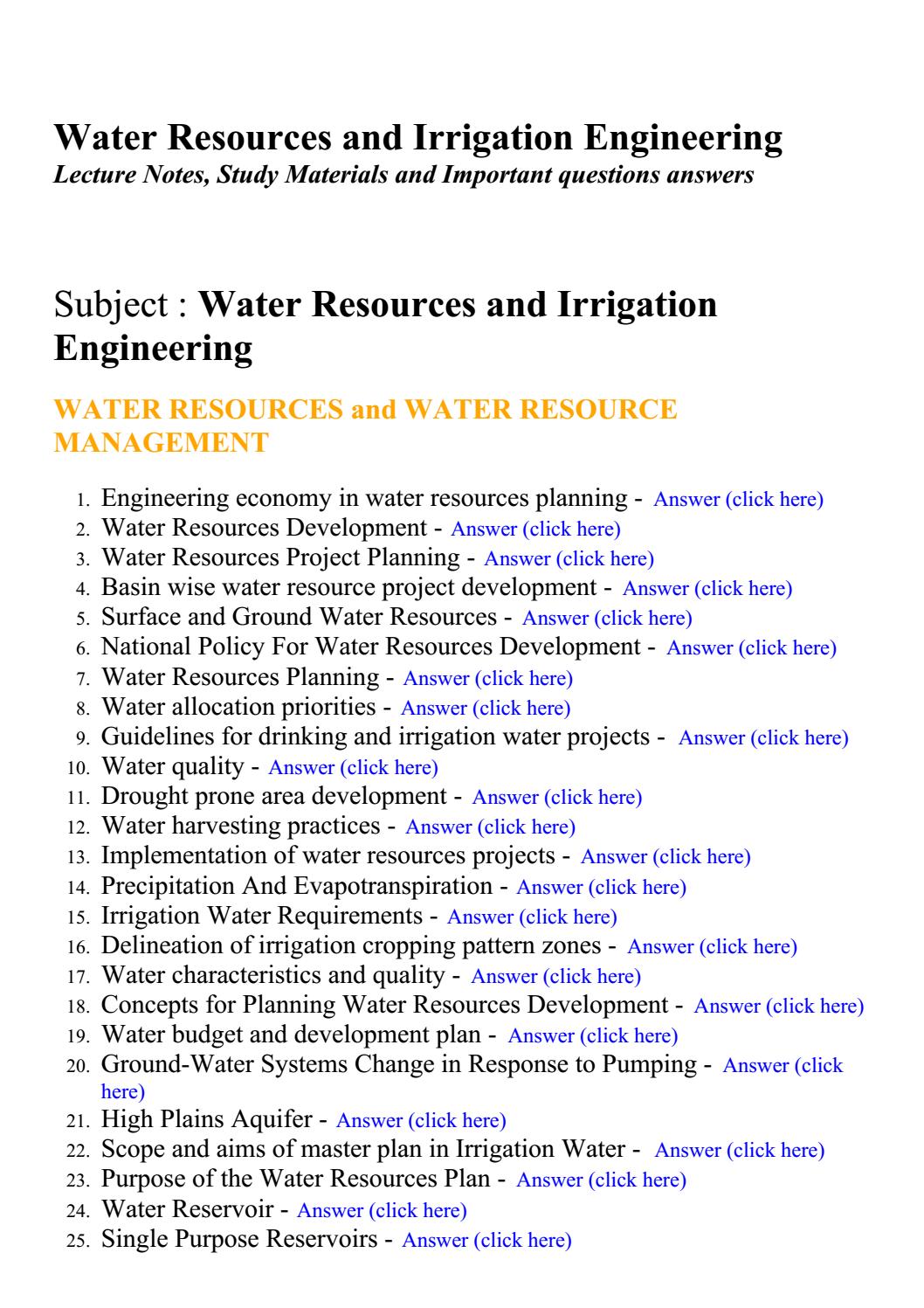 Water resources and irrigation engineering Lecture Notes, Study