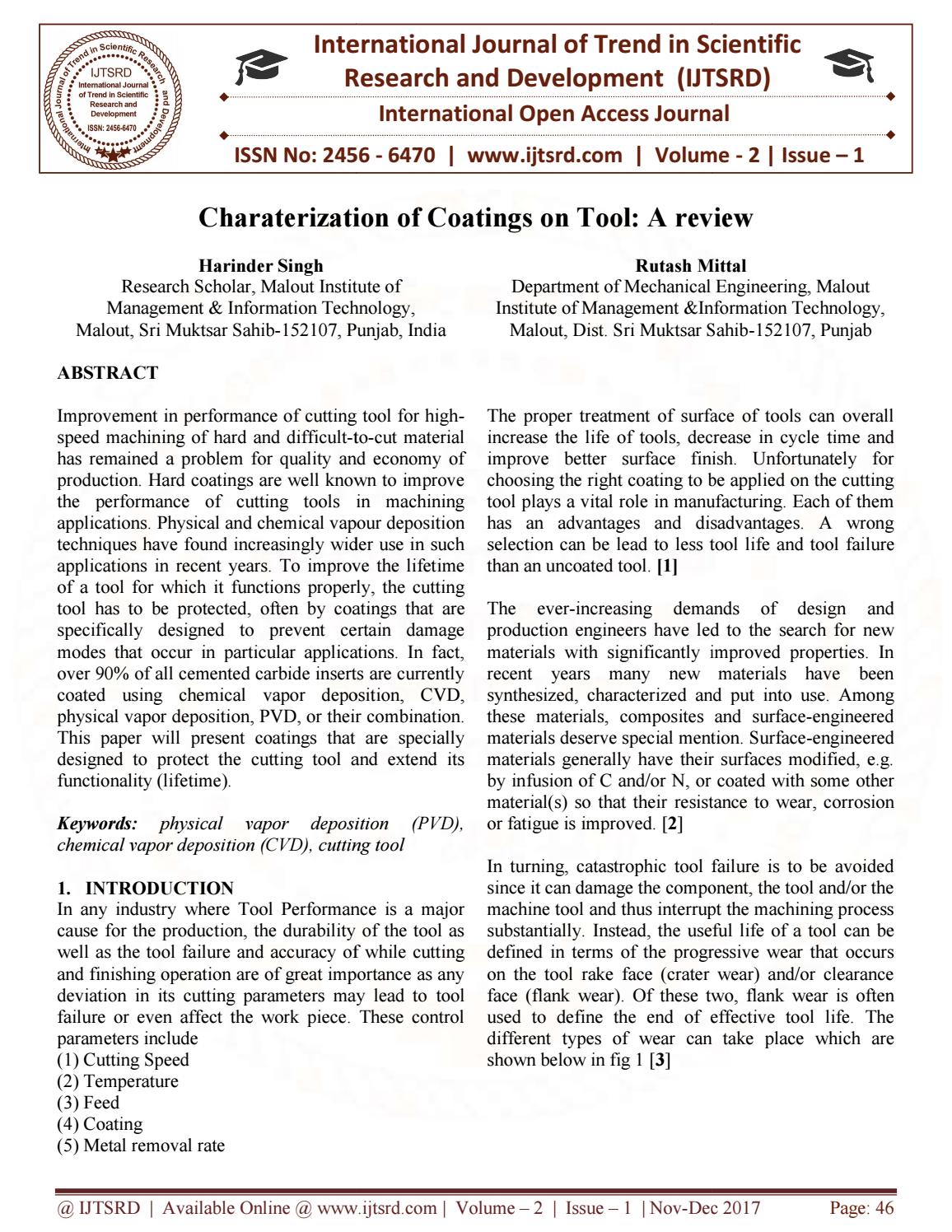 Charaterization of Coatings on Tool A review by International Journal