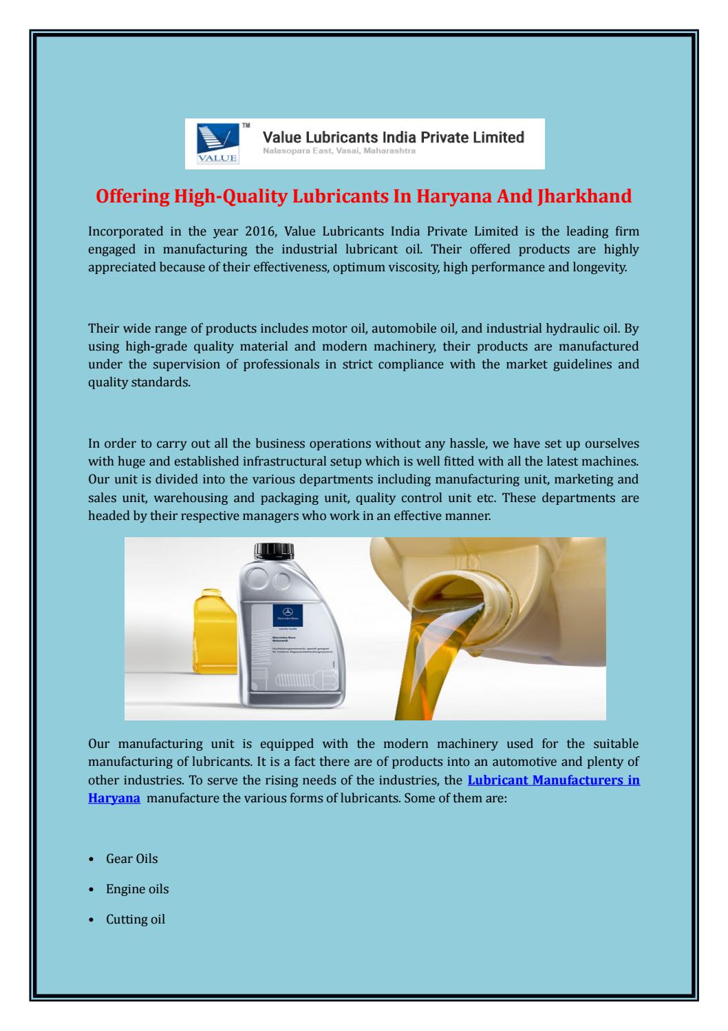Offering HighQuality Lubricants In Haryana And Jharkhand by Value