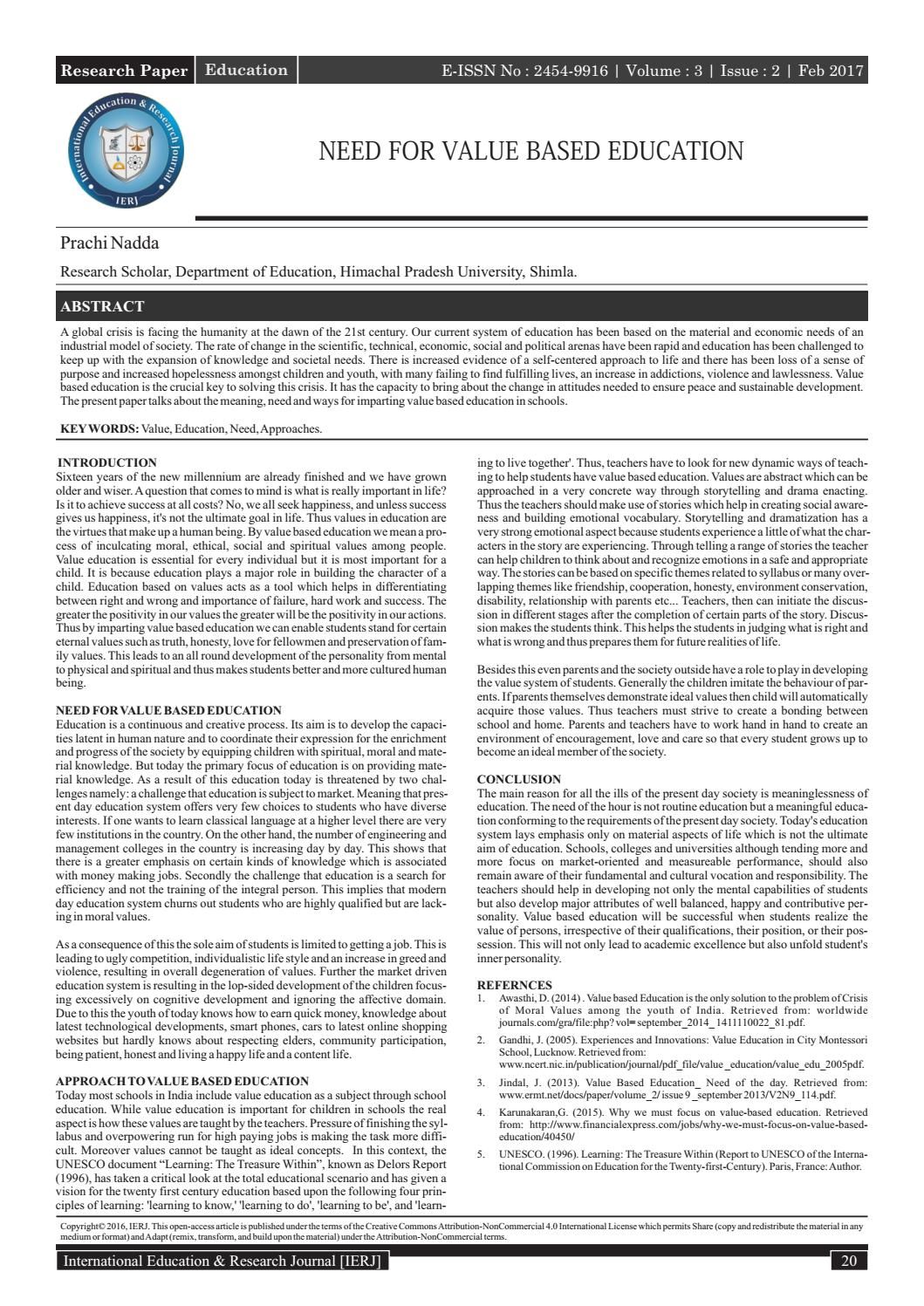 NEED FOR VALUE BASED EDUCATION by International Education and Research