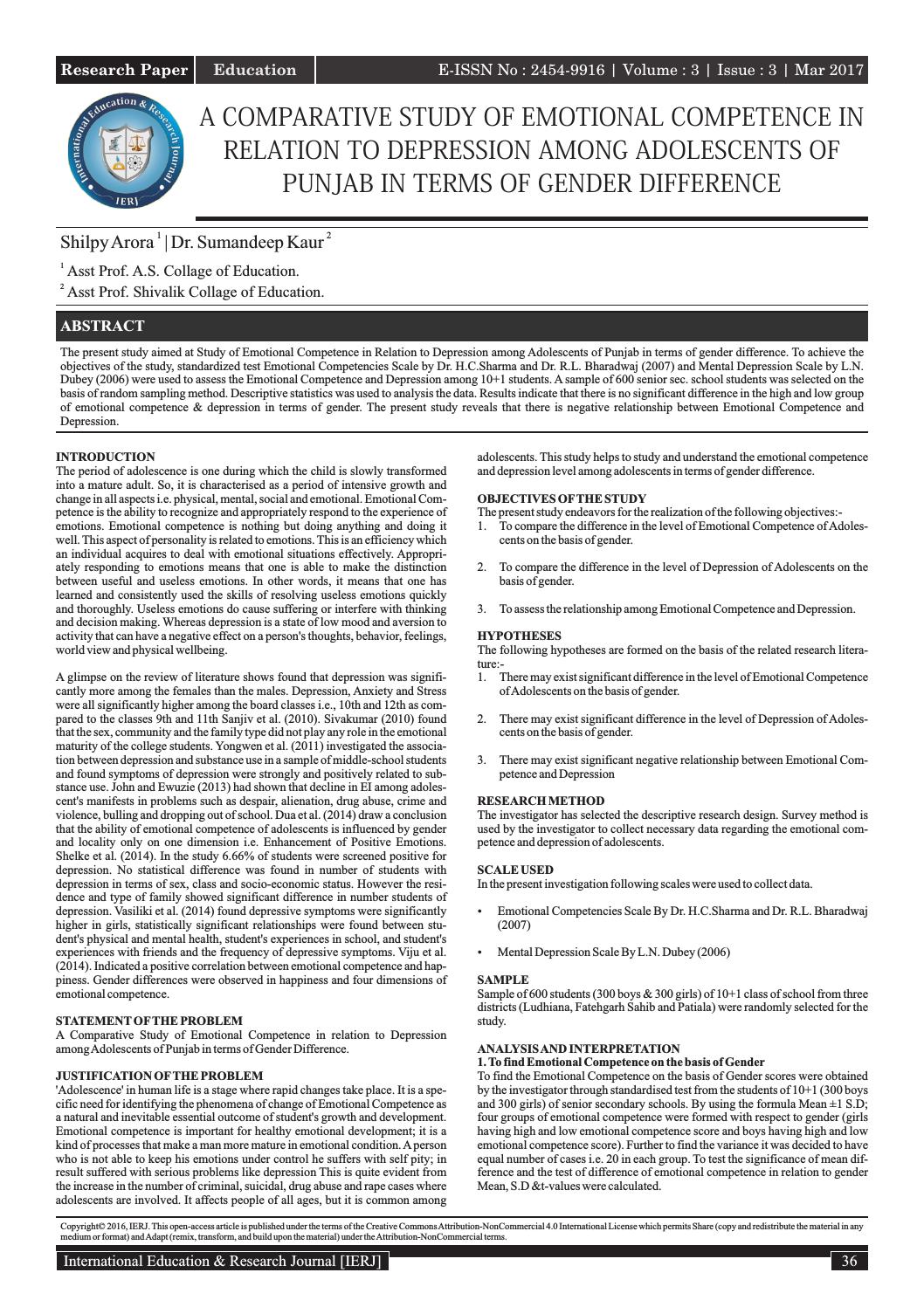 A Comparative Study Of Emotional Competence In Relation To Depression Among Adolescents Of Punjab In By International Education And Research Journal Issuu