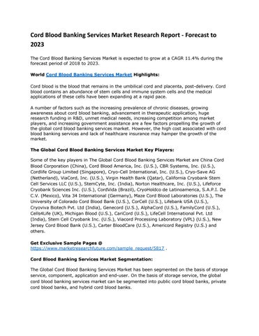 Cord Blood Banking Services Market Research Report By Wiseguyreports1 Issuu