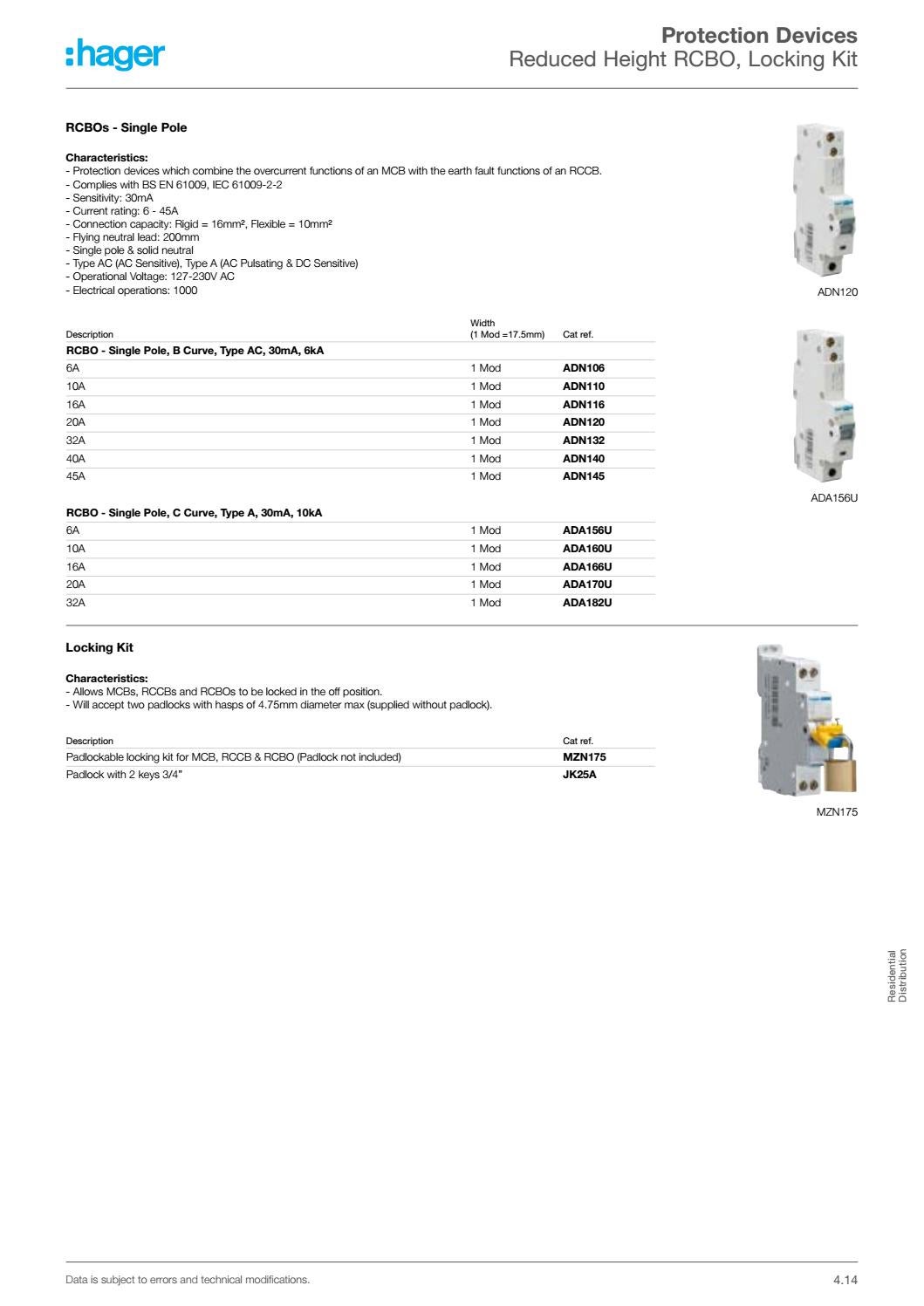 ADN120 ADN116 ADN132 single pole ADN140 Type B 30mA Hager RCBO ADN106