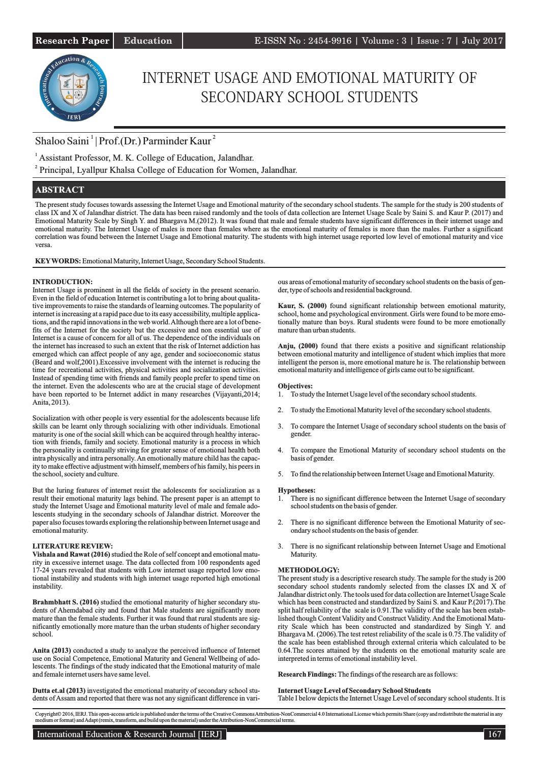 INTERNET USAGE AND EMOTIONAL MATURITY OF SECONDARY SCHOOL STUDENTS by ...