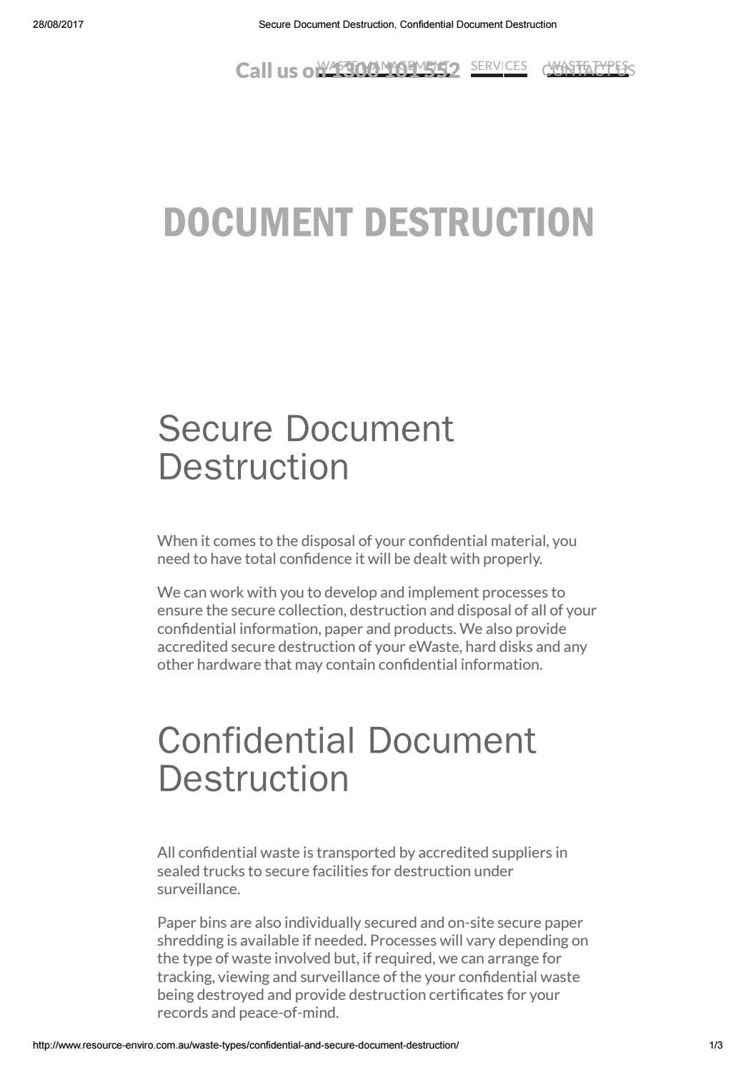 Secure document destruction, confidential document destruction by