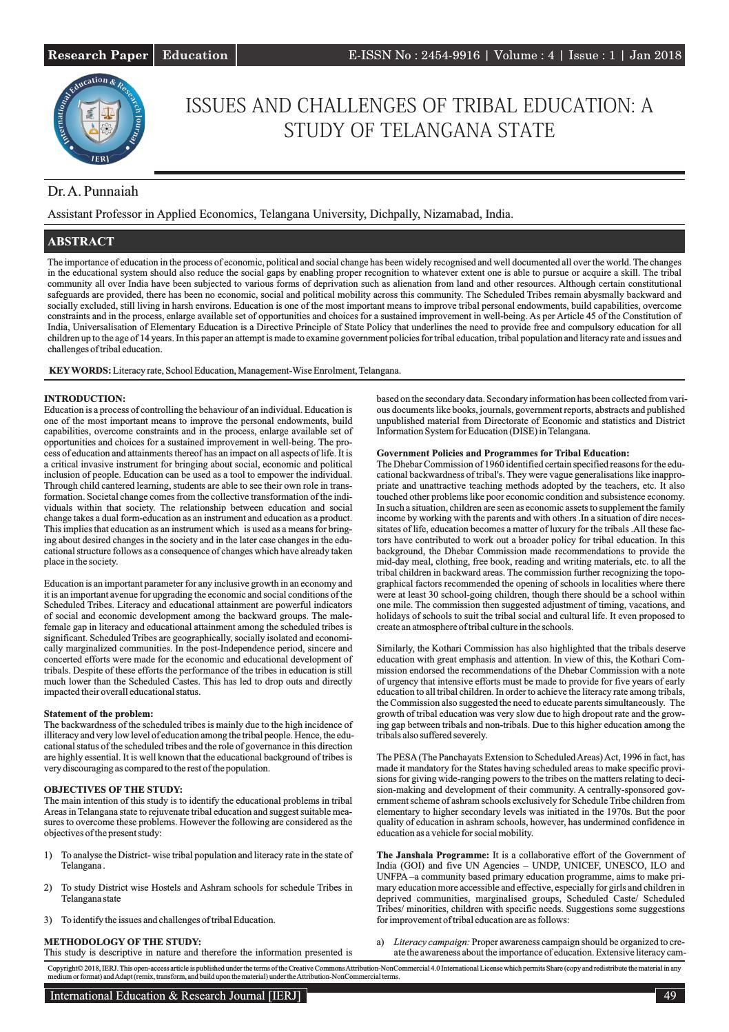 ISSUES AND CHALLENGES OF TRIBAL EDUCATION: A STUDY OF TELANGANA STATE ...