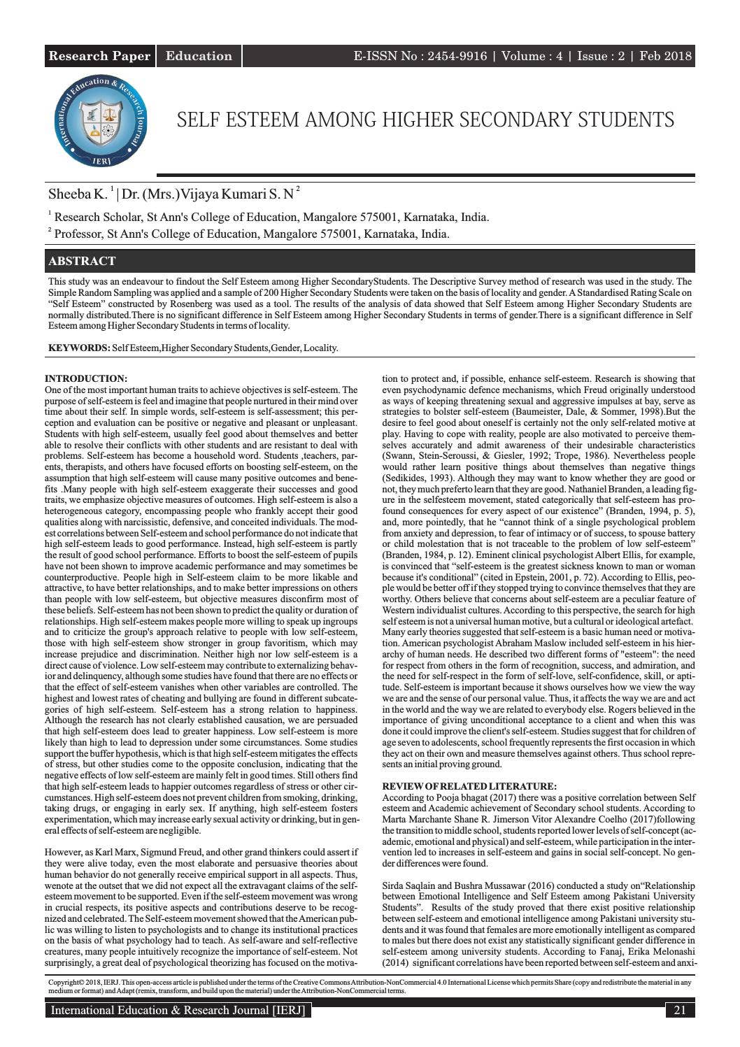 SELF ESTEEM AMONG HIGHER SECONDARY STUDENTS by International Education ...