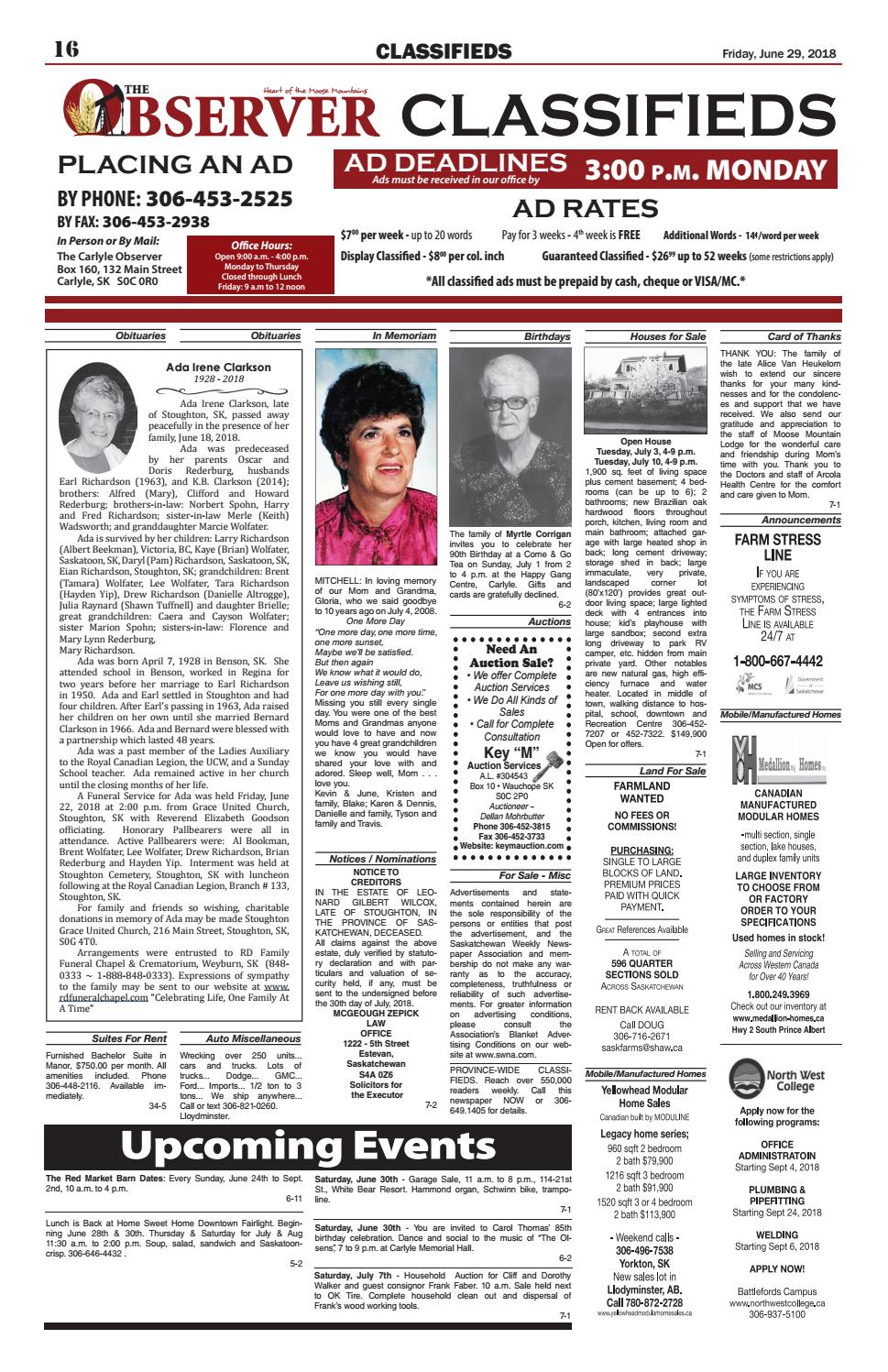 Observer Classifieds June 29 by Carlyle Observer Issuu