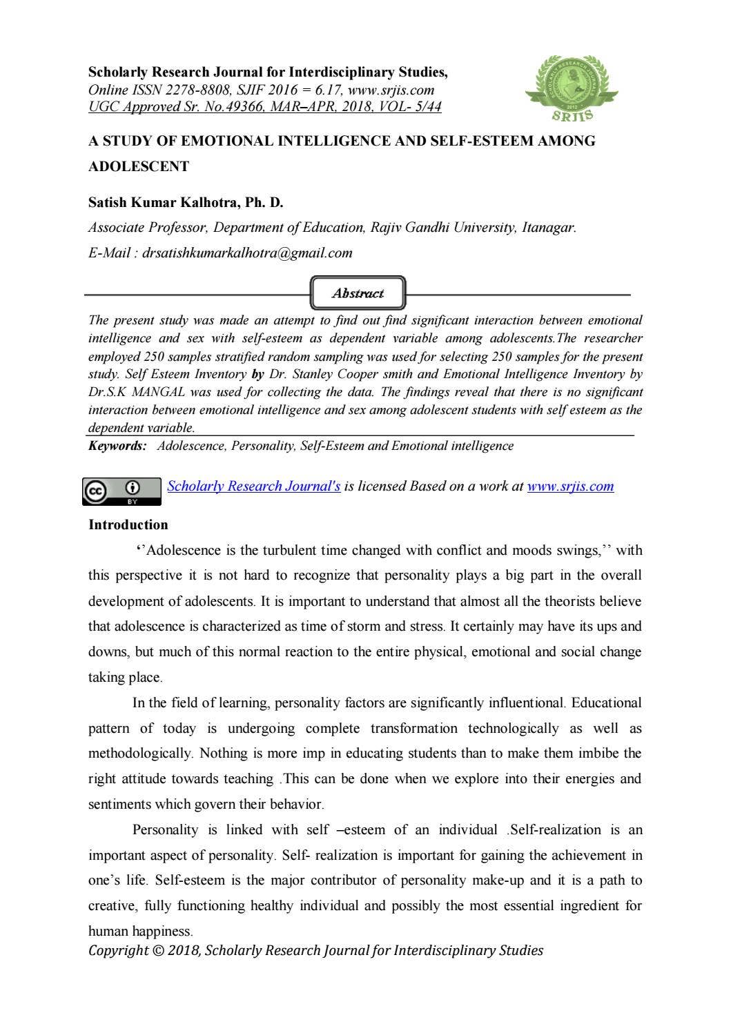 A STUDY OF EMOTIONAL INTELLIGENCE AND SELF-ESTEEM AMONG ADOLESCENT by ...