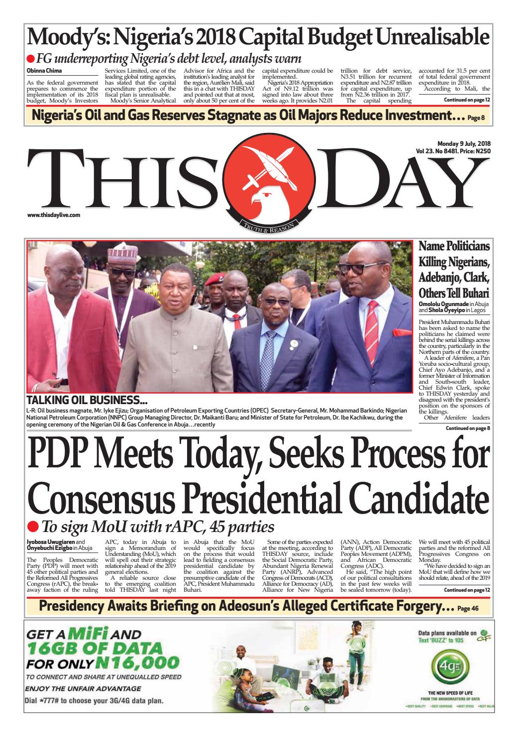 Monday 9th July 2018 by THISDAY Newspapers Ltd - Issuu