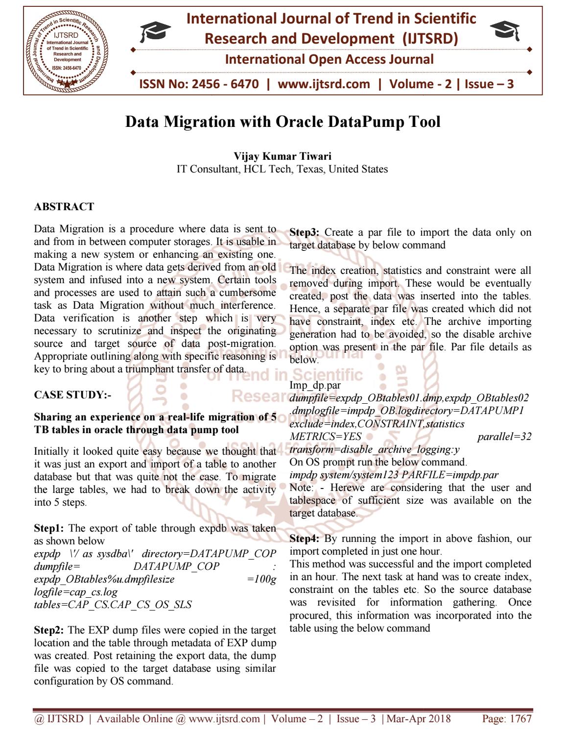 Data Migration With Oracle DataPump Tool by International Journal of Trend  in Scientific Research and Development - ISSN: 2456-6470 - Issuu