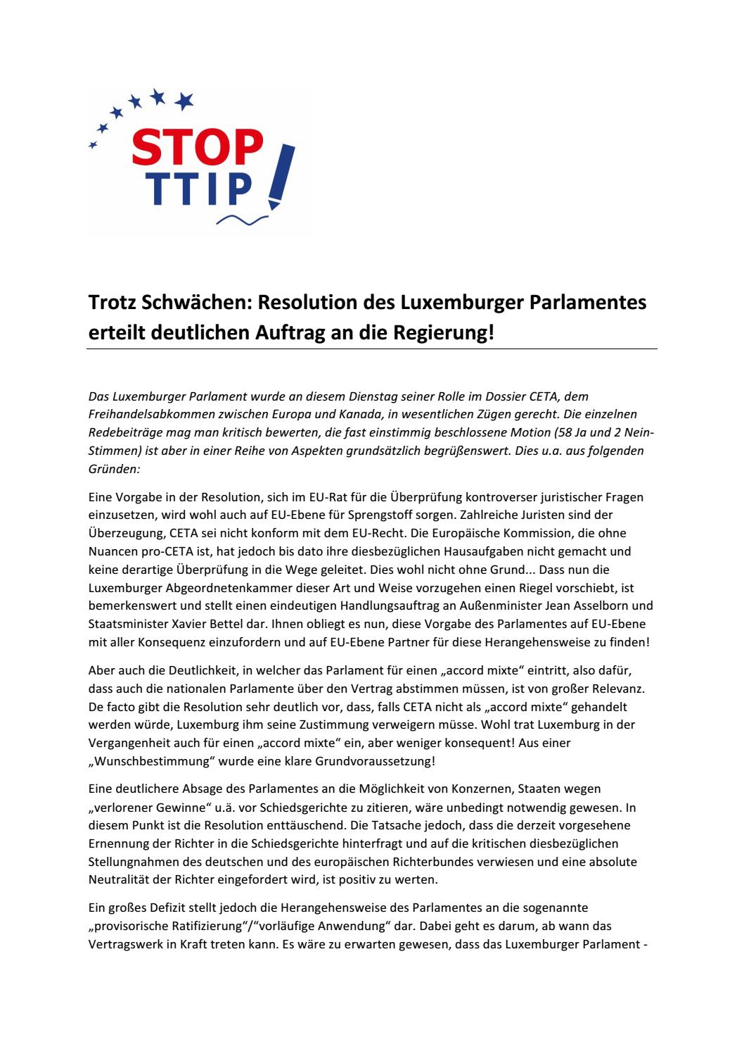 Ttip Ceta Trotz Schwachen Resolution Des Luxemburger