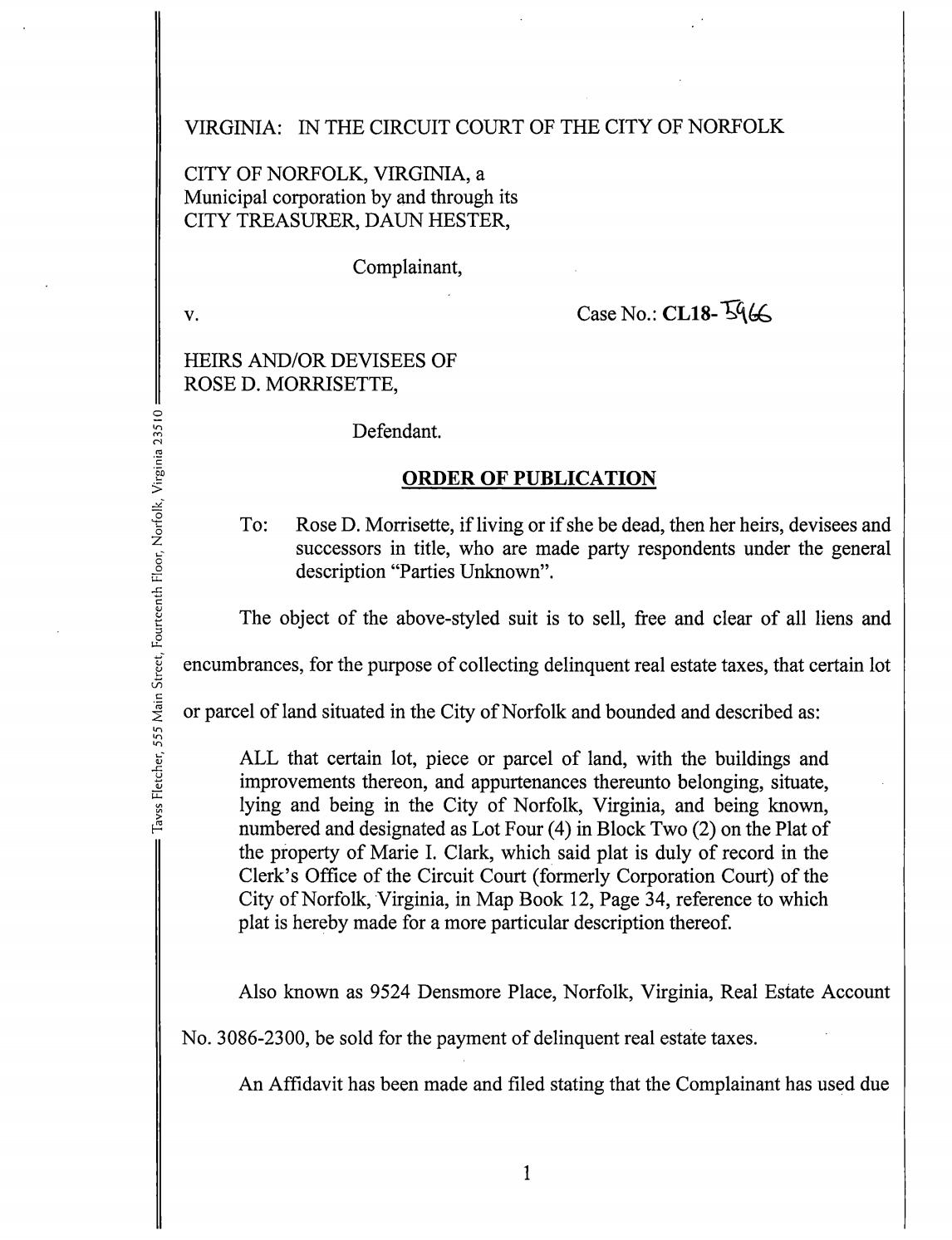 CL 18 5966 Order Of Publication By Norfolk Circuit Court Clerk s Office