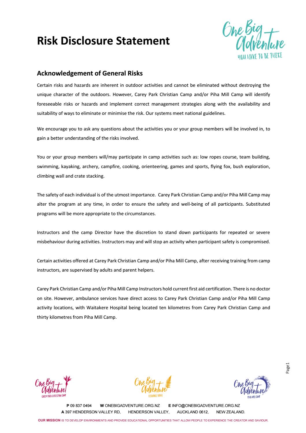 Risk Disclosure Statement By One Big Adventure Issuu