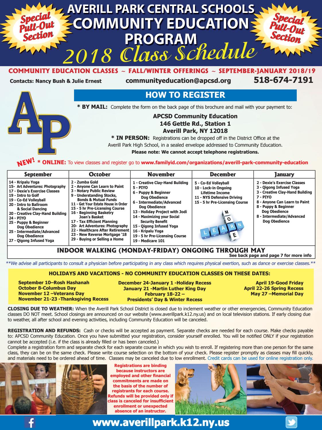 Averill Park Community Education Fall/Winter 2018 Program Schedule by