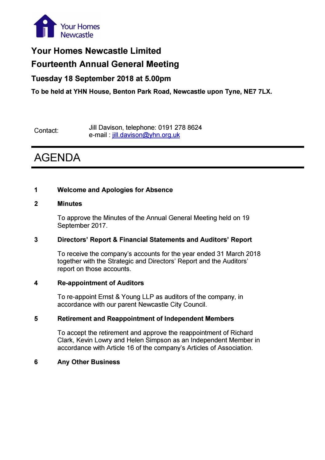 agm 18 september 2018 agenda and reports by your homes company agenda