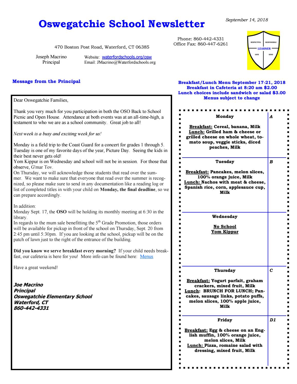 Oswegatchie Elementary Newsletter September 14, 2018 by Waterford