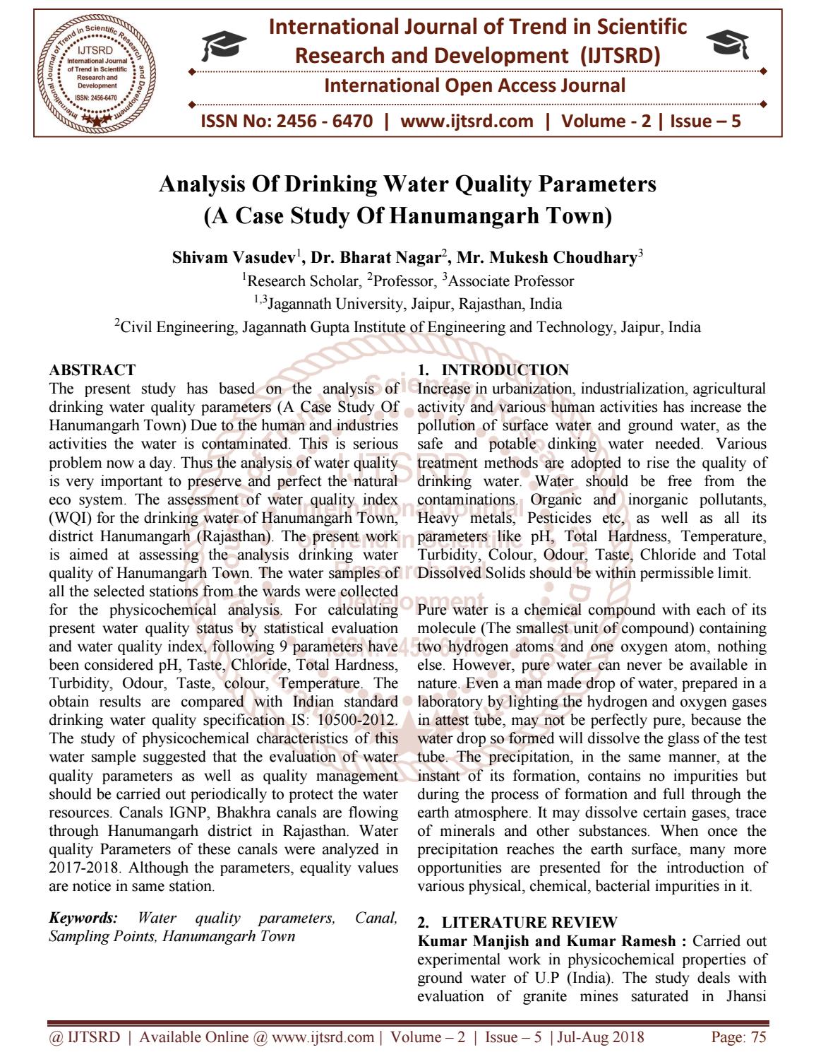 Analysis Of Drinking Water Quality Parameters (A Case Study Of Hanumangarh Town) by