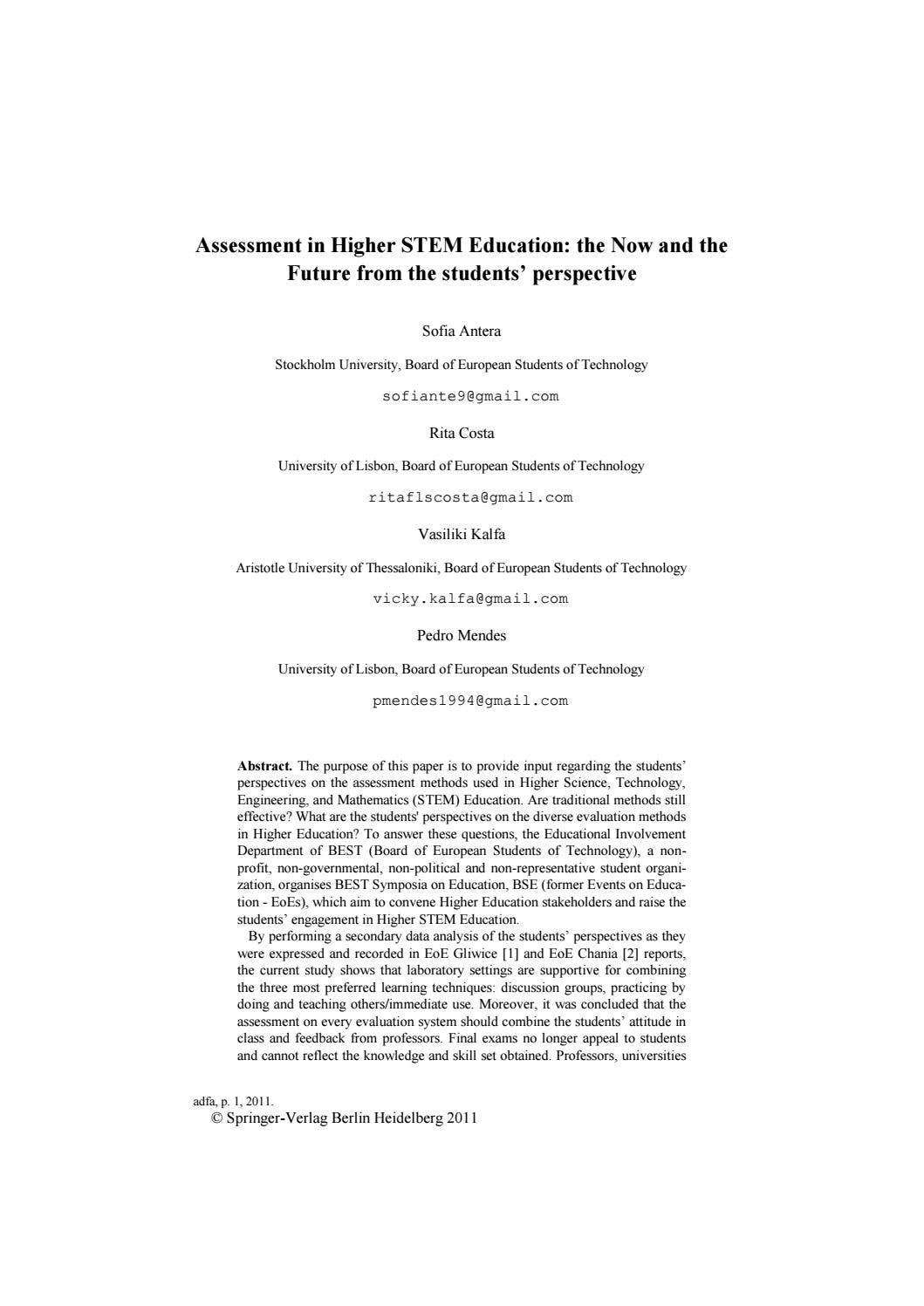 Assessment in Higher STEM Education: the Now and the Future from the ...