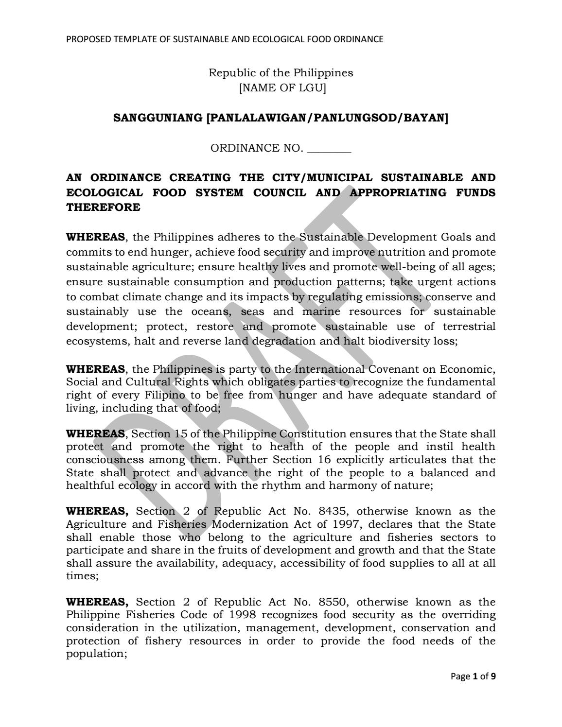 Proposed Municipal or City Food Ordinance by Greenpeace Southeast Asia