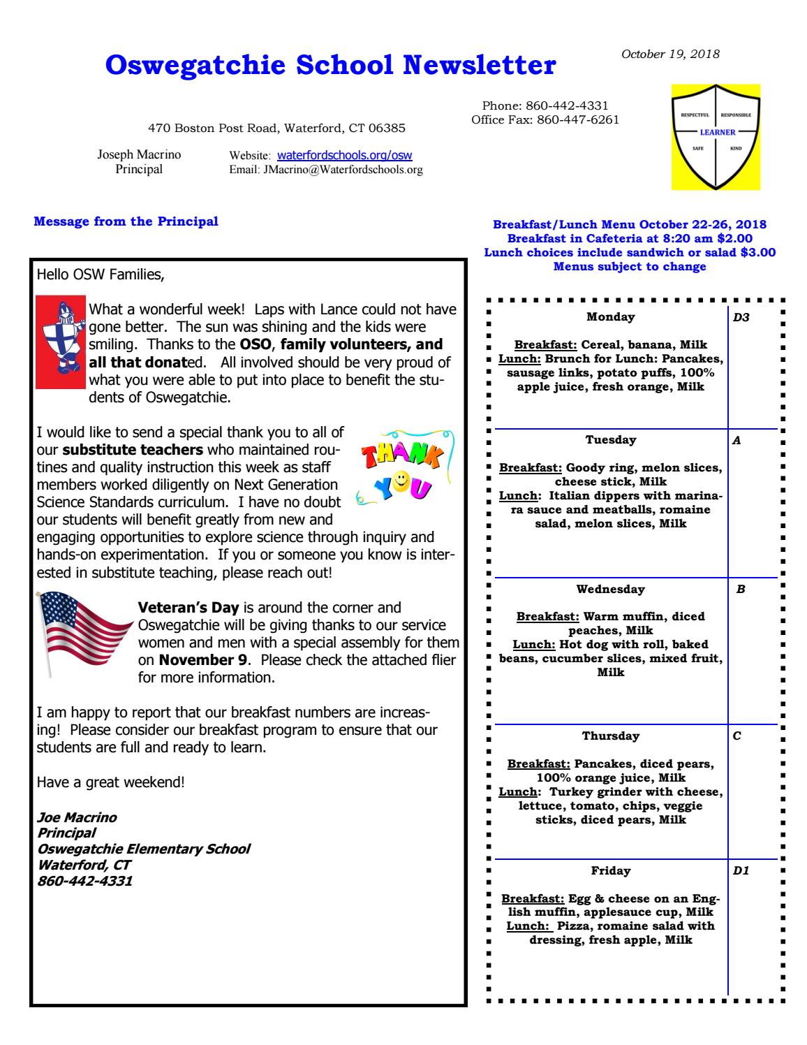 Oswegatchie Elementary Newsletter October 19, 2018 by Waterford
