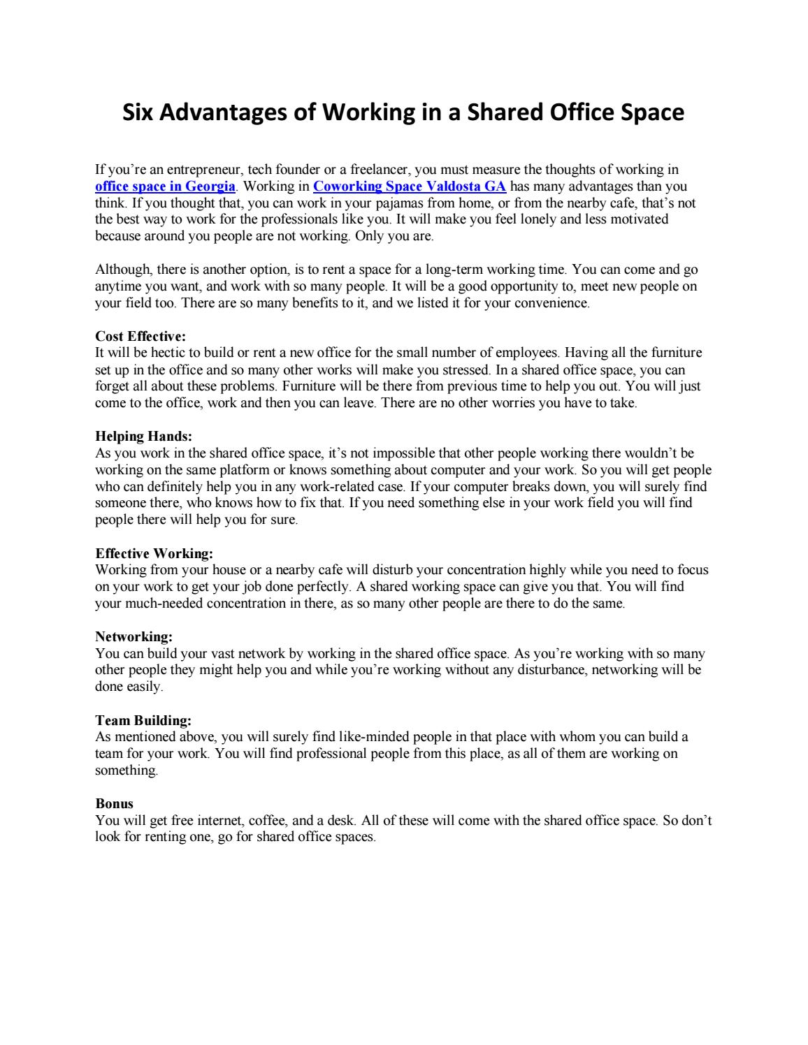 Six Advantages of Working in a Shared Office Space by Valdosta Shared