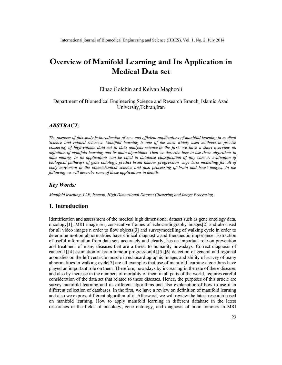 Overview of Manifold Learning and Its Application in Medical Data set ...