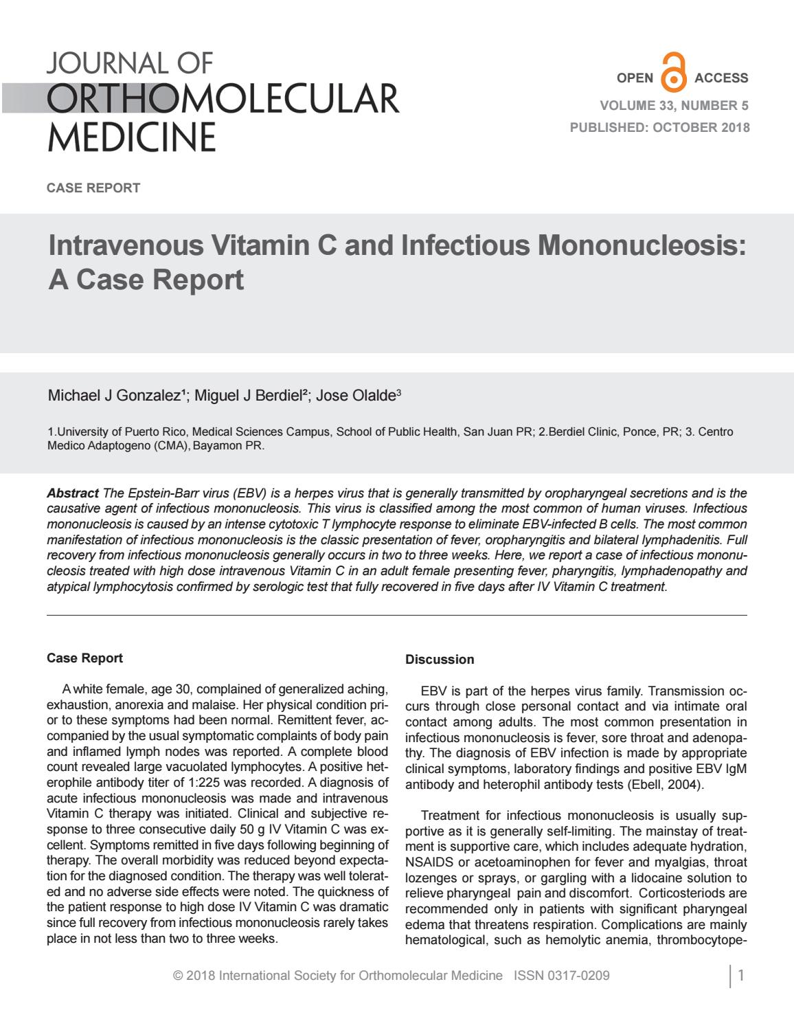 Intravenous Vitamin C and Infectious Mononucleosis A Case Report by