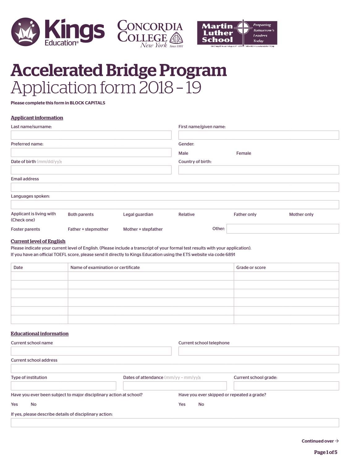 Kings Accelerated Bridge Program in New York 201819 application form