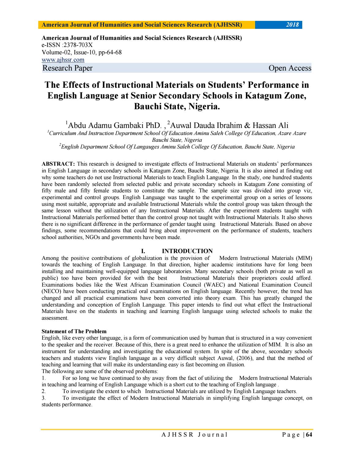 The Effects of Instructional Materials on Students’ Performance in