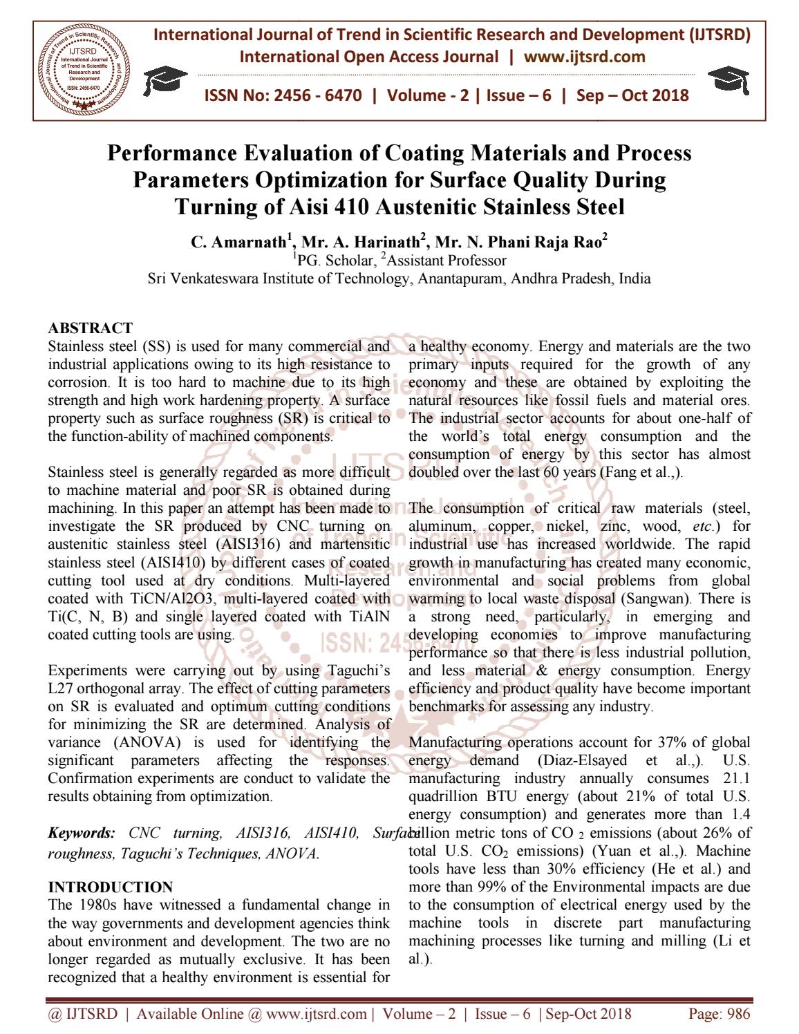 Performance Evaluation of Coating Materials and Process Parameters