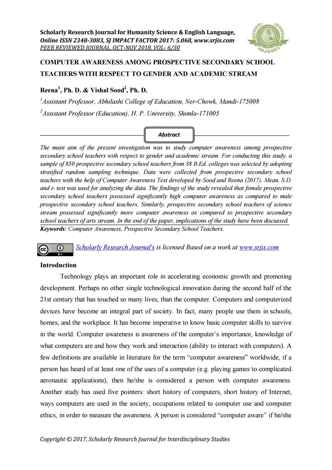 COMPUTER AWARENESS AMONG PROSPECTIVE SECONDARY SCHOOL TEACHERS WITH ...