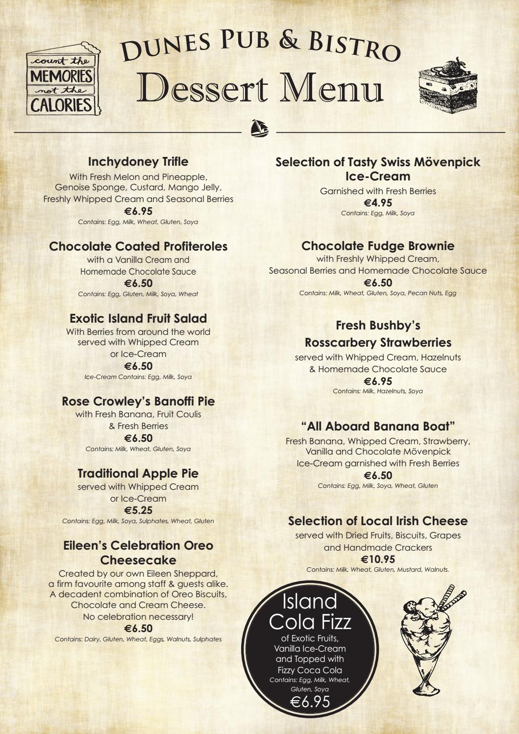 Dunes Pub & Bistro Dessert Menu Inchydoney Lodge & Spa
