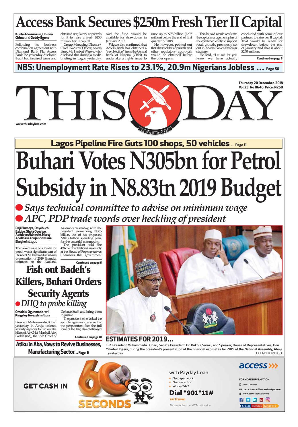 Thursday 20th December 2018 By Thisday Newspapers Ltd Issuu