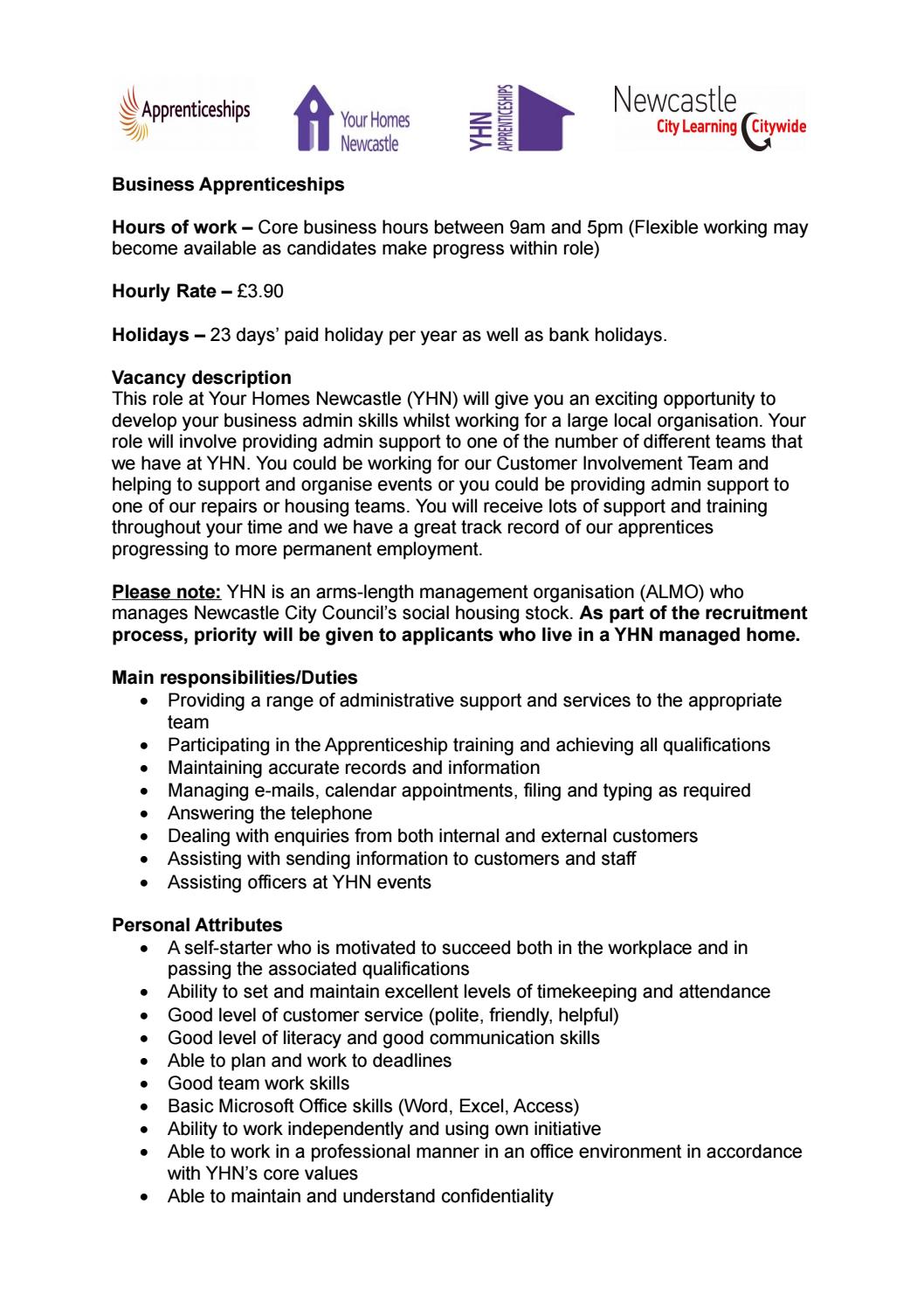YHN Business Apprenticeship job description by Your Homes Newcastle Issuu