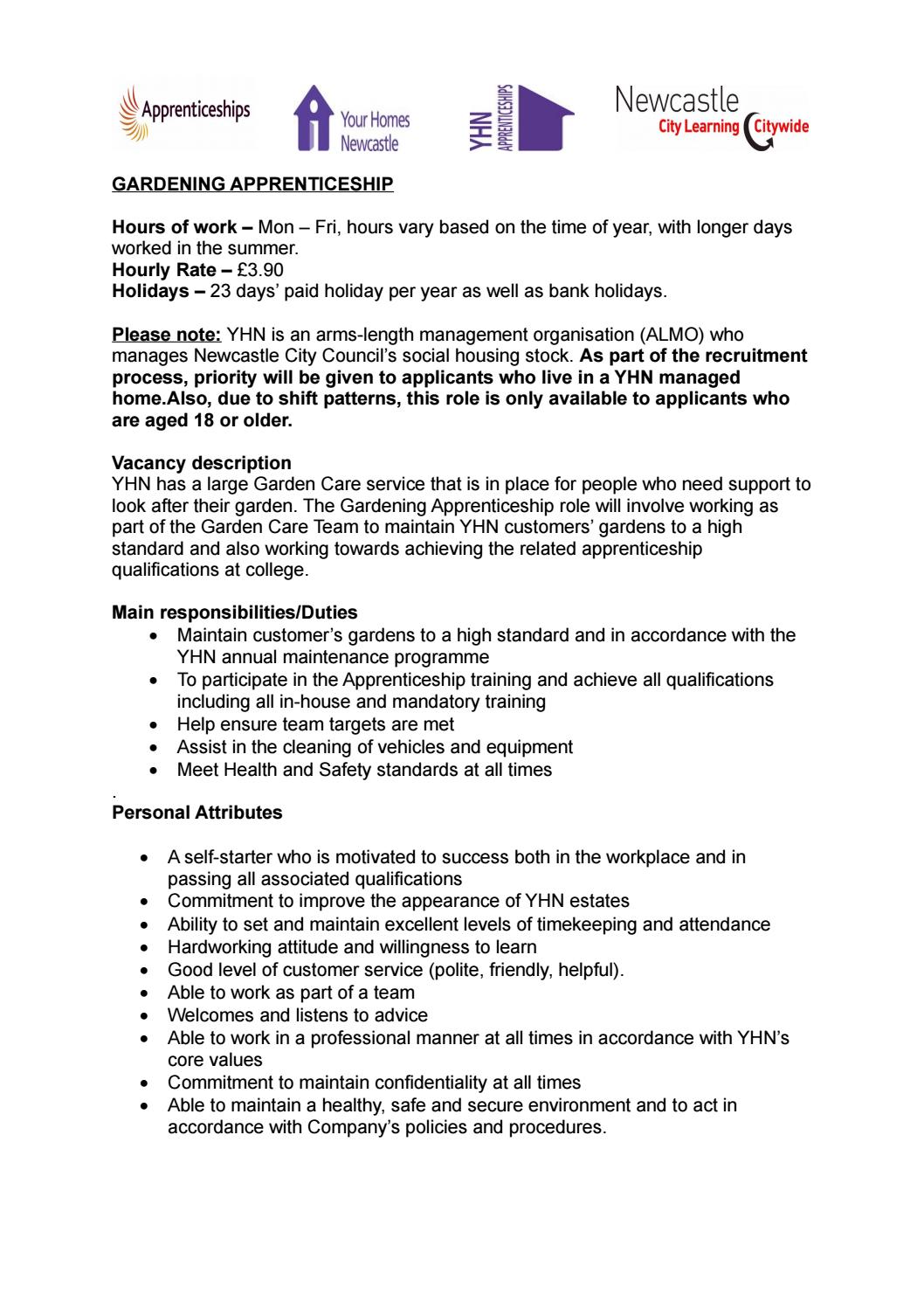 YHN Gardening Apprenticeship job description by Your Homes Newcastle