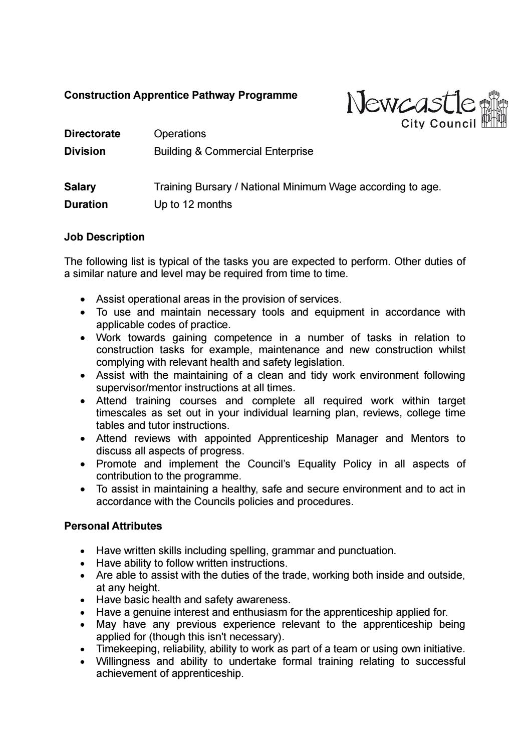 Newcastle City Council Construction Apprenticeship job description by