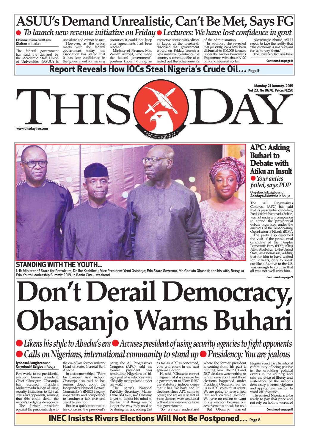 MONDAY 21ST JANUARY 2019 by THISDAY Newspapers Ltd - Issuu