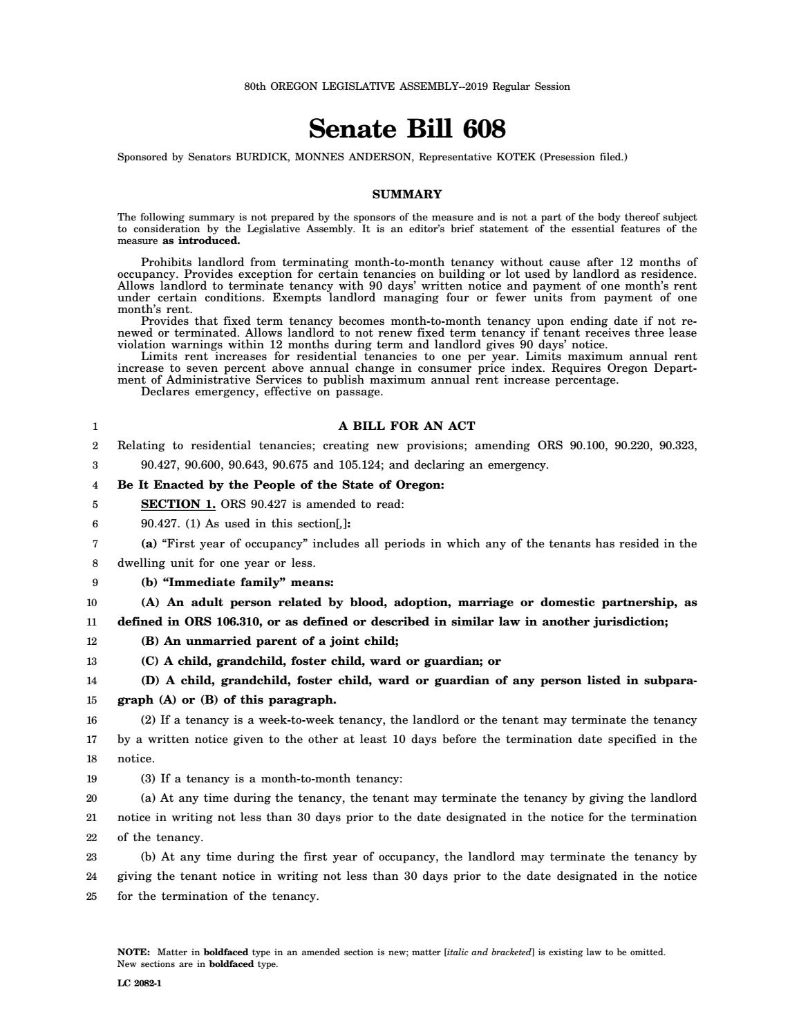 Oregon Senate Bill 608 2019 Rent Control Legislation by HFO Investment