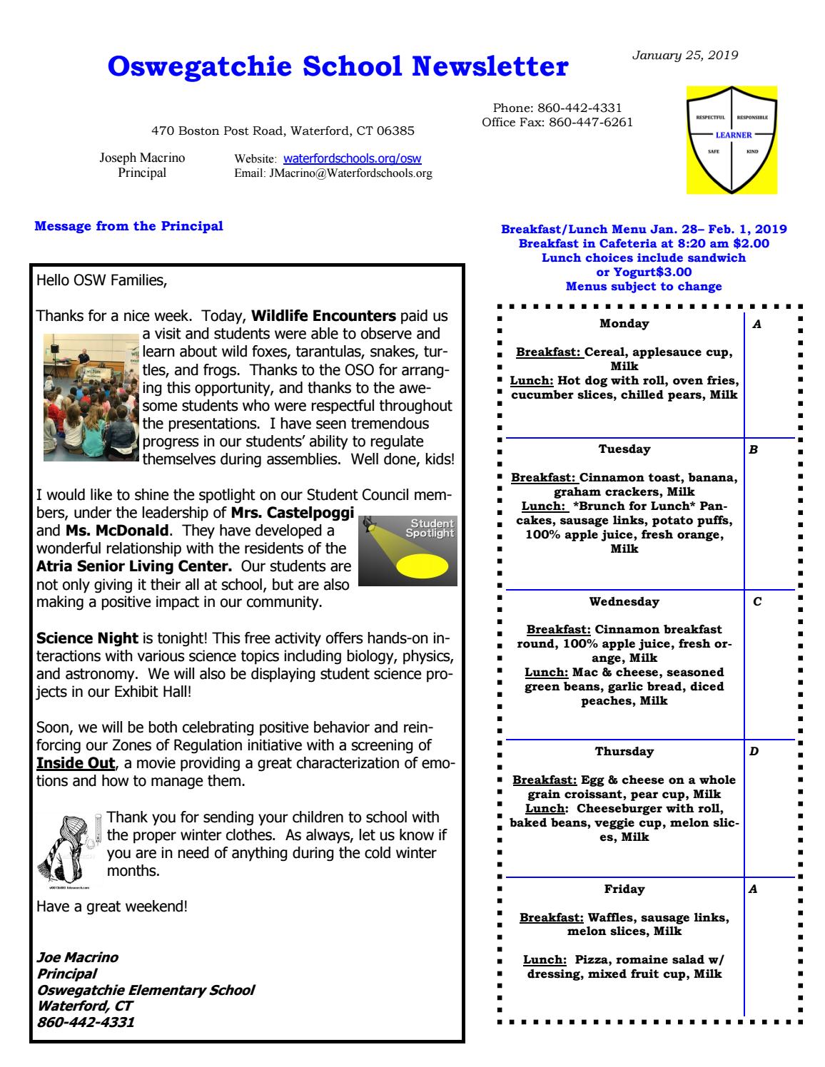 Oswegatchie Elementary Newsletter January 25, 2019 by Waterford