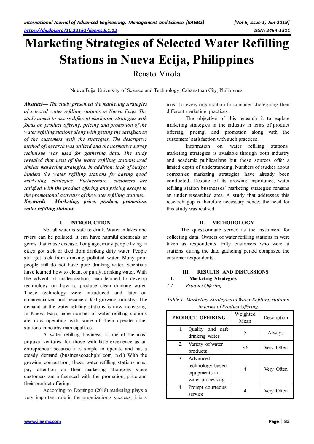 Marketing Strategies of Selected Water Refilling Stations in Nueva