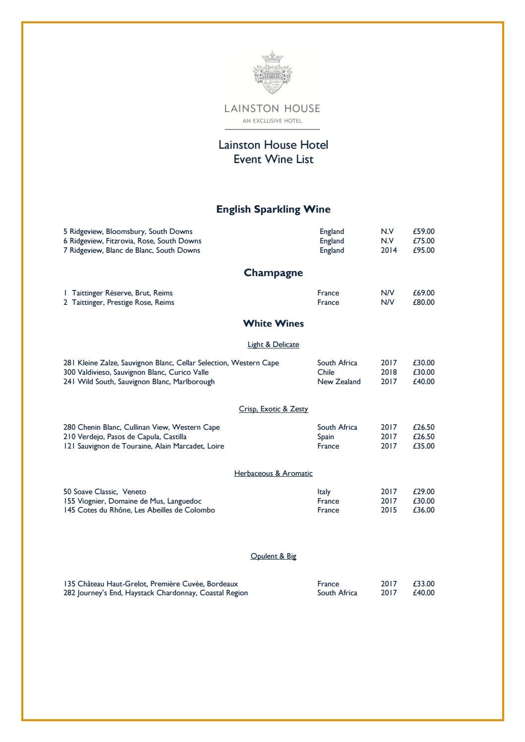 Lainston Banqueting Wine List Aug 2017 By Exclusive Hotels