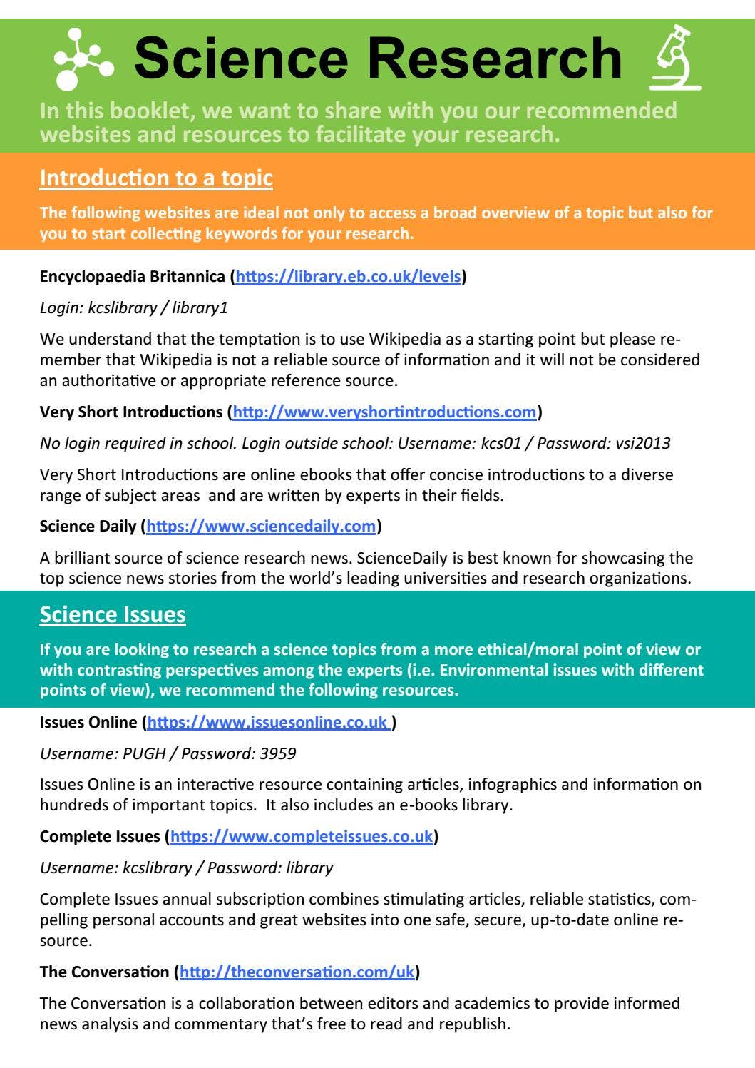 Science research - Library booklet by KCSLibrary - Issuu
