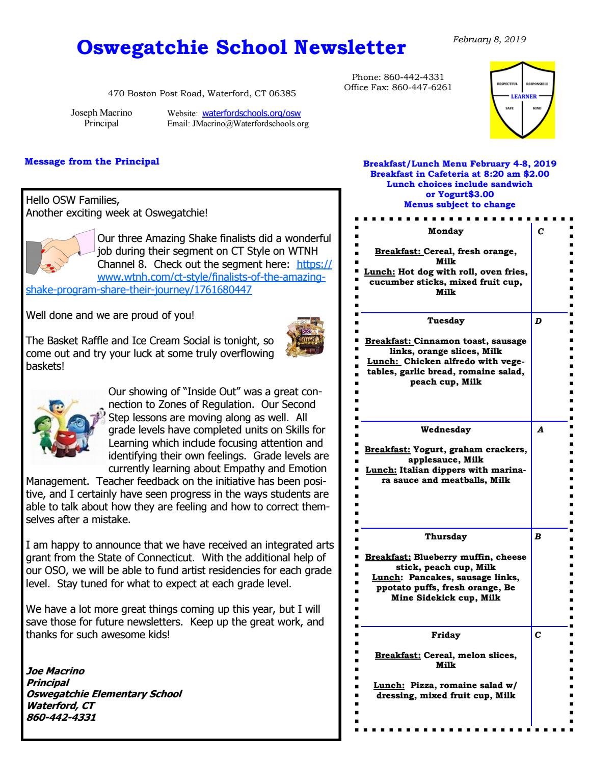 Oswegatchie Elementary Newsletter February 8, 2019 by Waterford